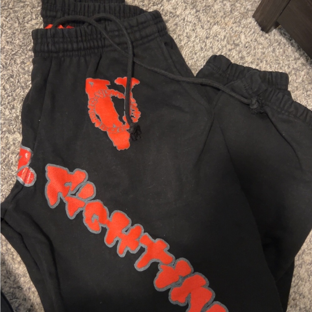 VLONE Black Sweatpants with Red Graphic Logos